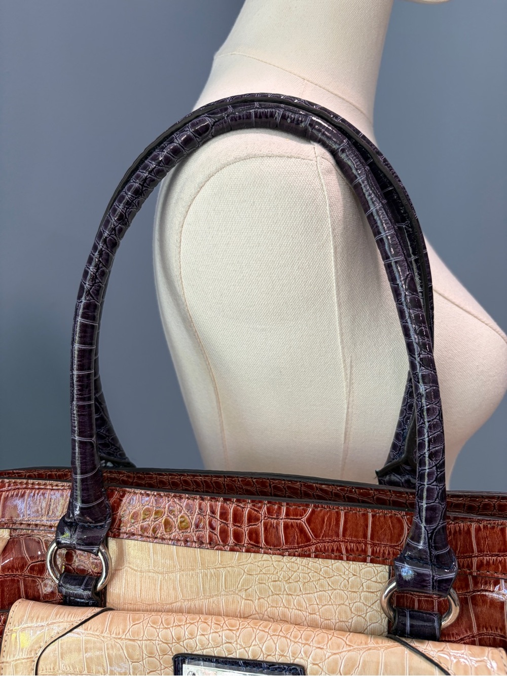 GUESS Croc Embossed Satchel Cream Brown Purple Patent Shoulder Handbag - Picture 6 of 12